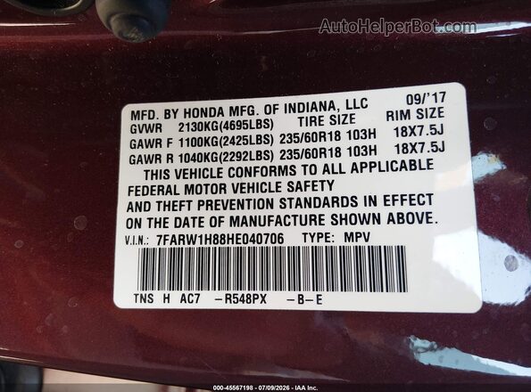7FARW1H88HE040706 2017 HONDA CR-V Purple Շարժիչի բաժամունքի տեսք