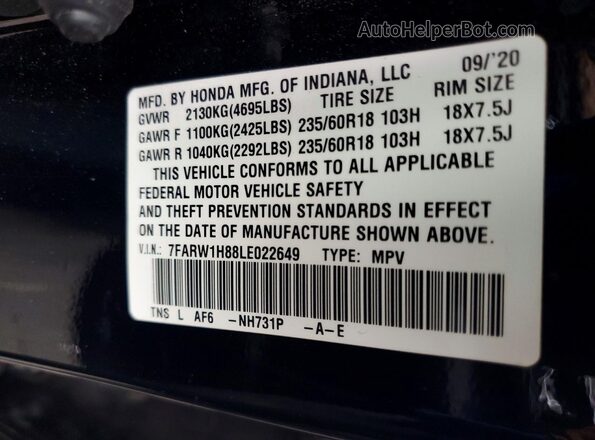 7FARW1H88LE022649 2020 HONDA CR-V Black Widok wnętrza 360 stopni