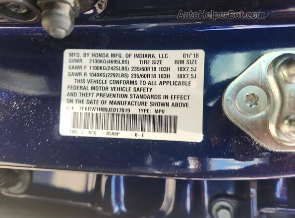 7FARW1H89JE017019 2018 HONDA CR-V Blue ძრავის განყოფილების ხედი