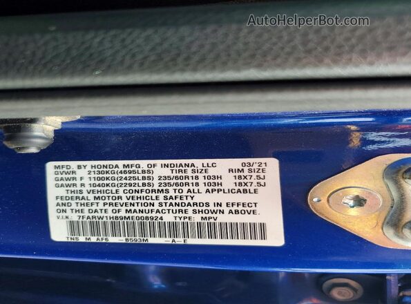 7FARW1H89ME008924 2021 HONDA CR-V Синий Вид подкапотного пространства