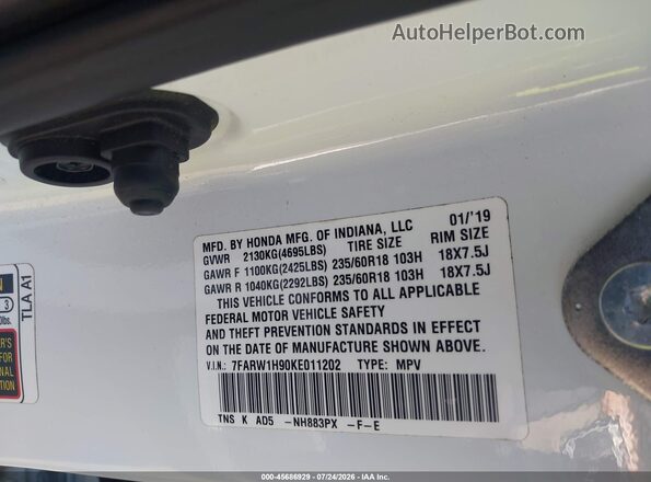 7FARW1H90KE011202 2019 HONDA CR-V Белый Вид подкапотного пространства
