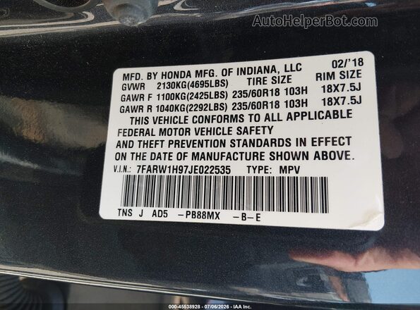 7FARW1H97JE022535 2018 HONDA CR-V Черный Вид подкапотного пространства