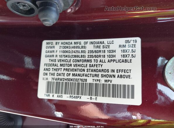 7FARW2H50KE027628 2019 HONDA CR-V Burgundy Vista del compartimento del motor