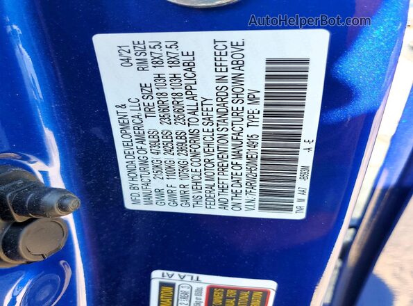 7FARW2H50ME014915 2021 HONDA CR-V Blue Панорамний вид салону 360°