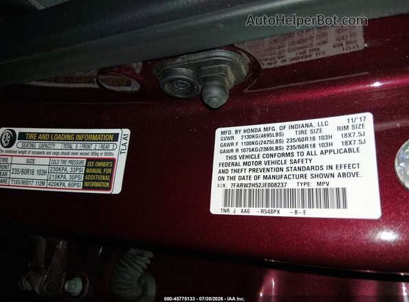 7FARW2H52JE008237 2018 HONDA CR-V Burgundy Շարժիչի բաժամունքի տեսք
