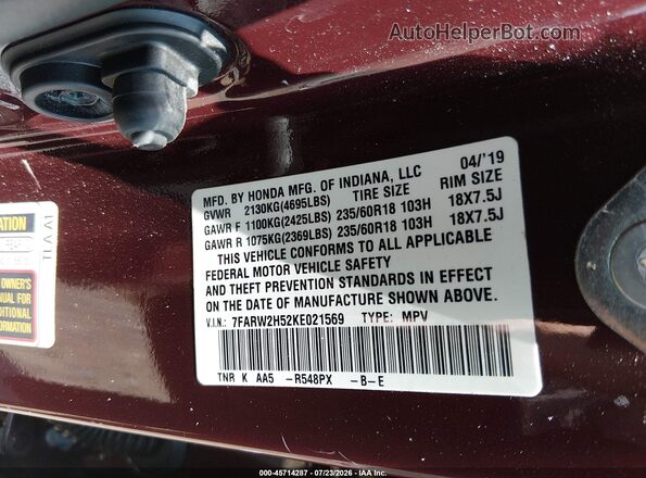 7FARW2H52KE021569 2019 HONDA CR-V Бордовый Вид подкапотного пространства