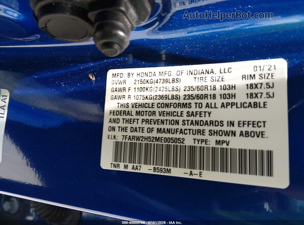 7FARW2H52ME005052 2021 HONDA CR-V Blue Engine compartment view