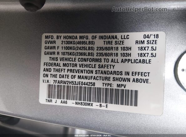 7FARW2H53JE044258 2018 HONDA CR-V Silver Engine compartment view