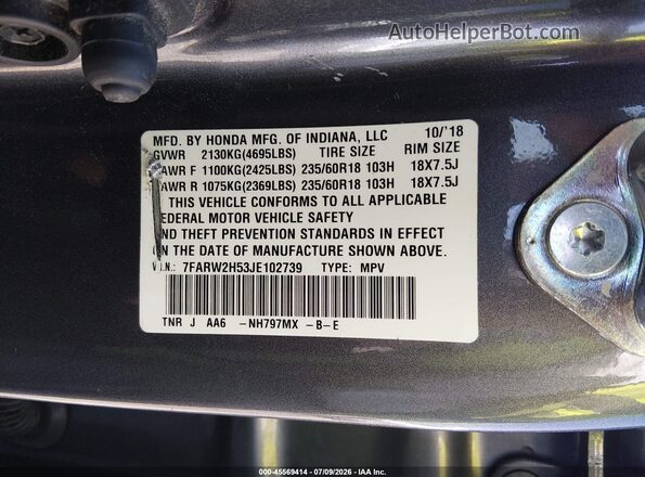 7FARW2H53JE102739 2018 HONDA CR-V Gray Շարժիչի բաժամունքի տեսք