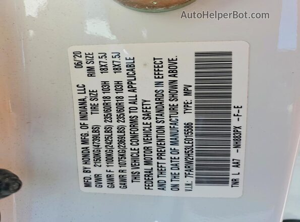 7FARW2H53LE015586 2020 HONDA CR-V White Widok naklejki z numerem VIN