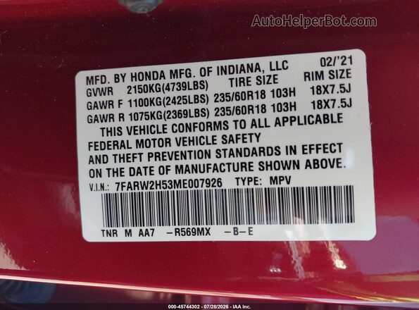 7FARW2H53ME007926 2021 HONDA CR-V Red Vista del compartimento del motor