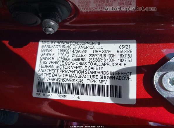 7FARW2H53ME018246 2021 HONDA CR-V Red Вид підкапотного простору