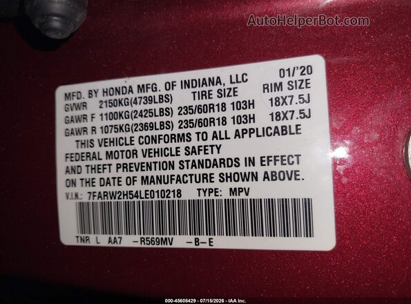 7FARW2H54LE010218 2020 HONDA CR-V Red ძრავის განყოფილების ხედი