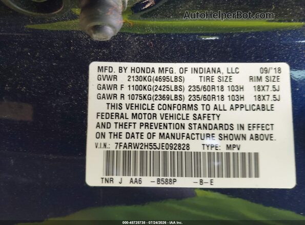 7FARW2H55JE092828 2018 HONDA CR-V Blue Շարժիչի բաժամունքի տեսք