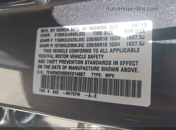 7FARW2H55KE014907 2019 HONDA CR-V Gray ძრავის განყოფილების ხედი