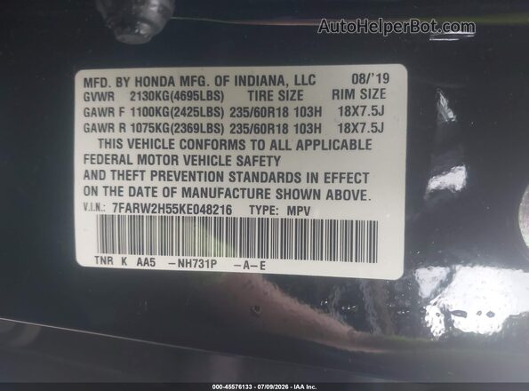 7FARW2H55KE048216 2019 HONDA CR-V Black Widok komory silnika