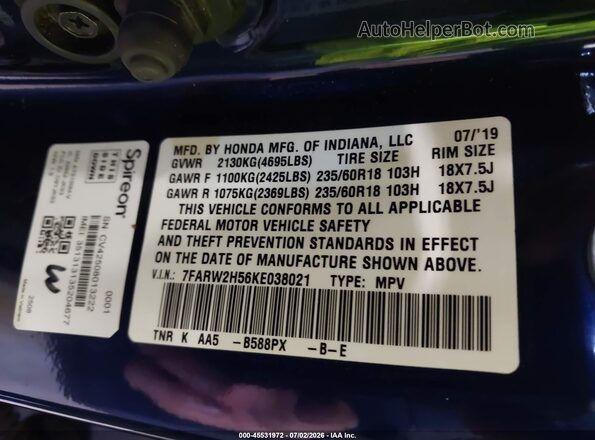 7FARW2H56KE038021 2019 HONDA CR-V Blue Շարժիչի բաժամունքի տեսք
