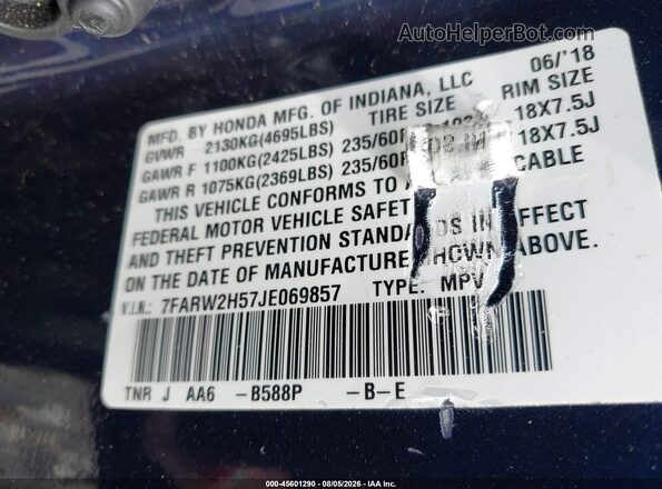 7FARW2H57JE069857 2018 HONDA CR-V Blue Engine compartment view