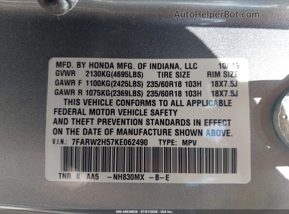 7FARW2H57KE062490 2019 HONDA CR-V Silver Вид підкапотного простору