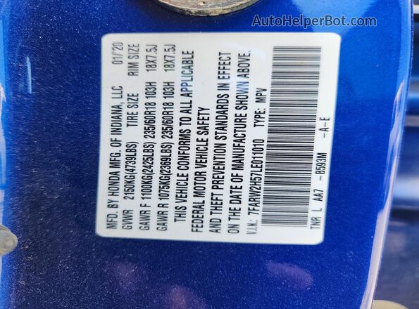 7FARW2H57LE011010 2020 HONDA CR-V Blue VIN կոդի պիտակի տեսք