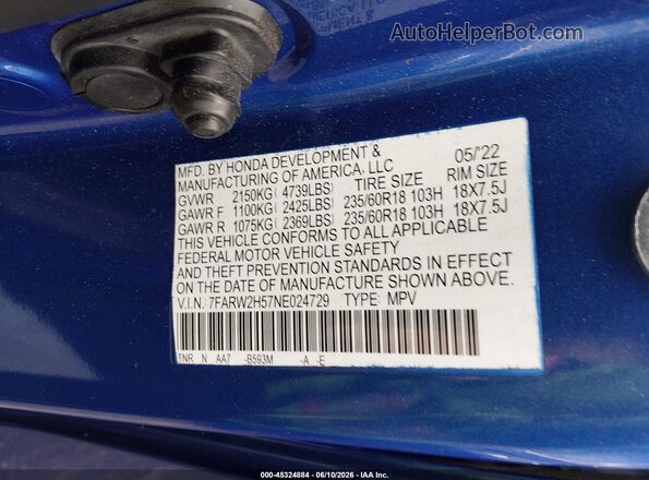 7FARW2H57NE024729 2022 HONDA CR-V Blue ძრავის განყოფილების ხედი