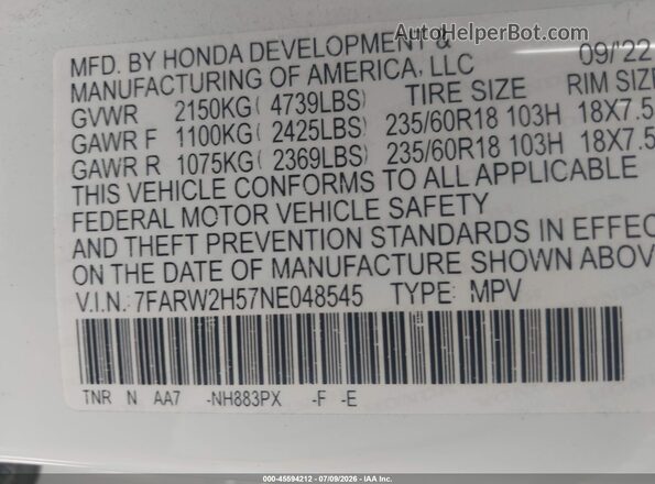 7FARW2H57NE048545 2022 HONDA CR-V Белый Вид подкапотного пространства