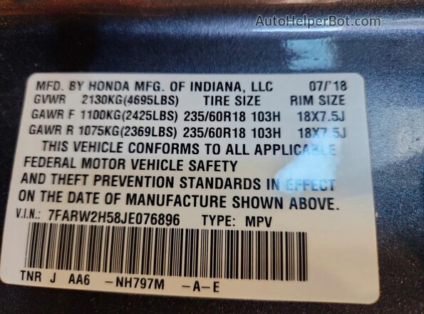 7FARW2H58JE076896 2018 HONDA CR-V Gray VIN sticker view
