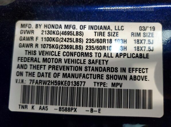 7FARW2H59KE013677 2019 HONDA CR-V Blue Engine compartment view