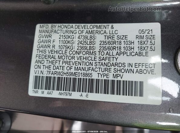 7FARW2H59ME018865 2021 HONDA CR-V Gray Вид підкапотного простору