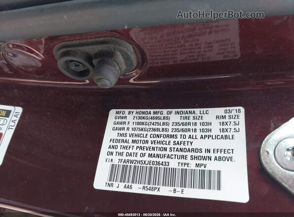 7FARW2H5XJE036433 2018 HONDA CR-V Бордовый Вид подкапотного пространства