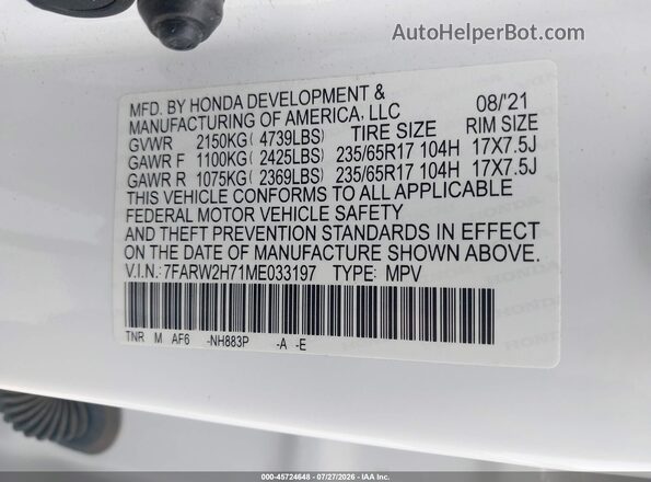 7FARW2H71ME033197 2021 HONDA CR-V White Вид підкапотного простору