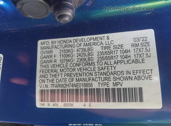 7FARW2H74NE018856 2022 HONDA CR-V Blue Engine compartment view