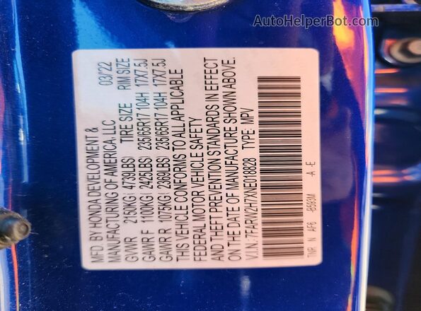 7FARW2H7XNE018828 2022 HONDA CR-V Синий Вид подкапотного пространства