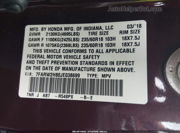 7FARW2H80JE038699 2018 HONDA CR-V Maroon Widok komory silnika