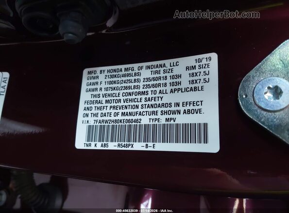 7FARW2H80KE060462 2019 HONDA CR-V Maroon Շարժիչի բաժամունքի տեսք