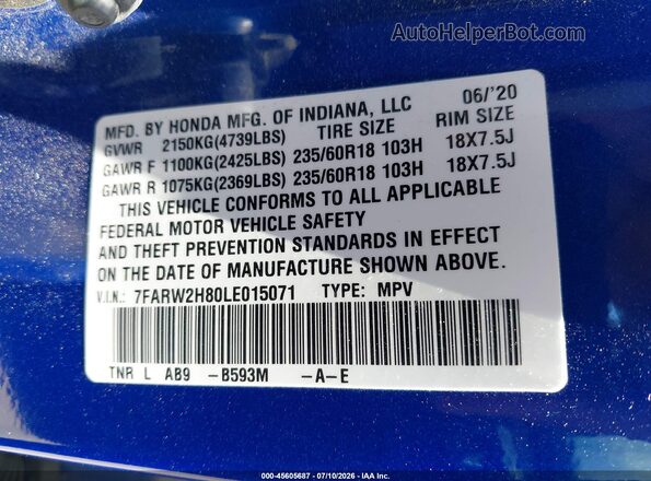 7FARW2H80LE015071 2020 HONDA CR-V Синий Вид подкапотного пространства