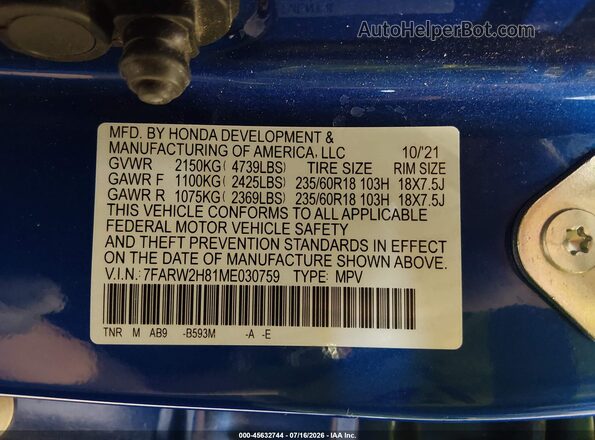 7FARW2H81ME030759 2021 HONDA CR-V Синий Вид подкапотного пространства