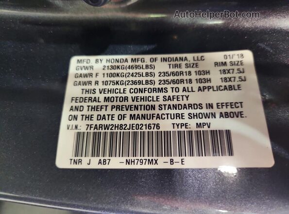 7FARW2H82JE021676 2018 HONDA CR-V Gray VIN կոդի պիտակի տեսք