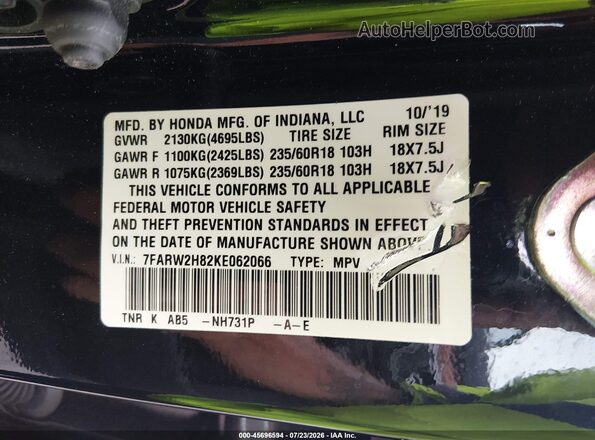 7FARW2H82KE062066 2019 HONDA CR-V Black Vista del compartimento del motor