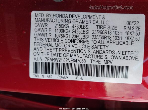 7FARW2H82NE047068 2022 HONDA CR-V Red Շարժիչի բաժամունքի տեսք