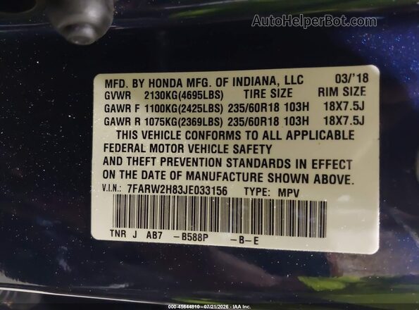 7FARW2H83JE033156 2018 HONDA CR-V Blue Vista del compartimento del motor