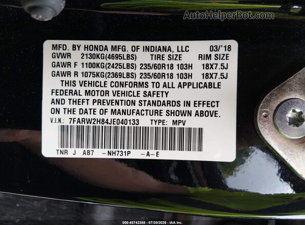 7FARW2H84JE040133 2018 HONDA CR-V Black Engine compartment view