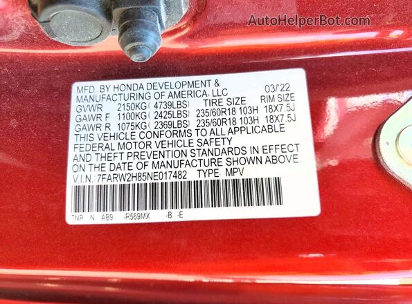 7FARW2H85NE017482 2022 HONDA CR-V Red Widok naklejki z numerem VIN