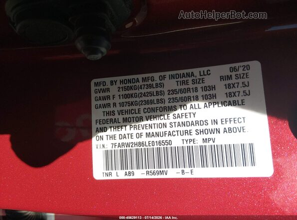 7FARW2H86LE016550 2020 HONDA CR-V Red Շարժիչի բաժամունքի տեսք