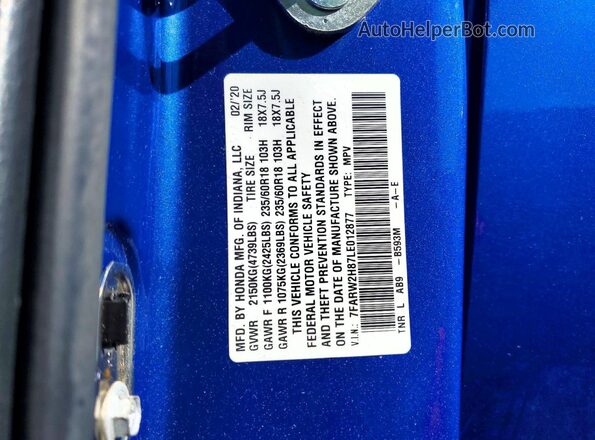 7FARW2H87LE012877 2020 HONDA CR-V Синий Вид наклейки с VIN-кодом