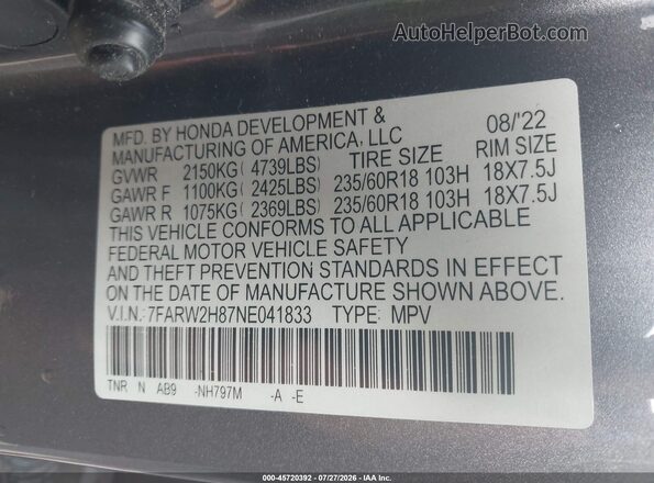 7FARW2H87NE041833 2022 HONDA CR-V Gray ძრავის განყოფილების ხედი