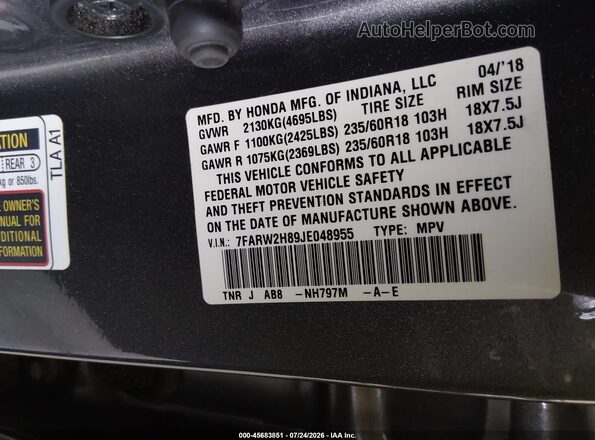 7FARW2H89JE048955 2018 HONDA CR-V Gray Widok komory silnika