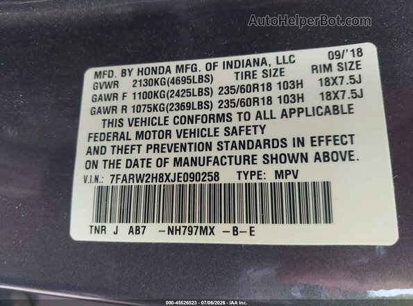 7FARW2H8XJE090258 2018 HONDA CR-V Серый Вид подкапотного пространства