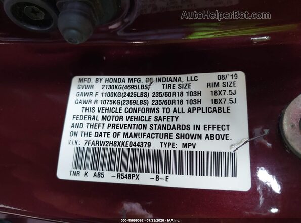 7FARW2H8XKE044379 2019 HONDA CR-V Maroon Вид підкапотного простору