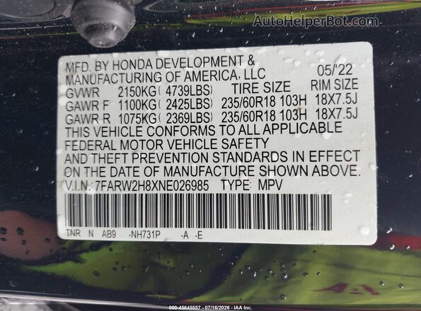7FARW2H8XNE026985 2022 HONDA CR-V Black ძრავის განყოფილების ხედი